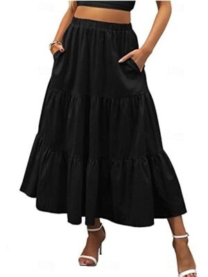 Casual A Line Solid Ruffle Maxi Skirt - Image 8