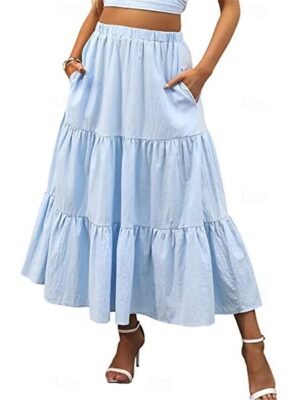 Casual A Line Solid Ruffle Maxi Skirt - Image 9
