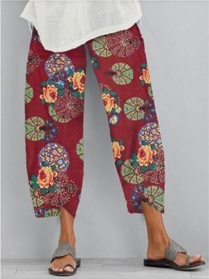Casual Baggy Floral Elastic Waist Ankle-Length Chinos - Image 1