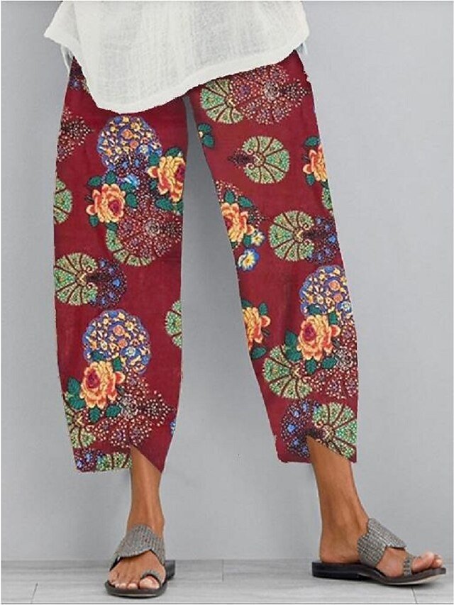Casual Baggy Floral Elastic Waist Ankle-Length Chinos - Image 1