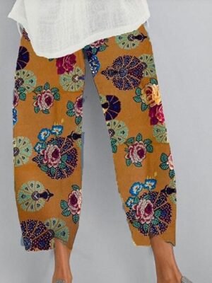 Casual Baggy Floral Elastic Waist Ankle-Length Chinos - Image 3