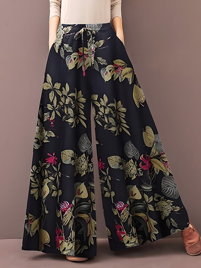 Casual Baggy Floral Mid Waist Wide Leg Full Length Trousers - Image 1