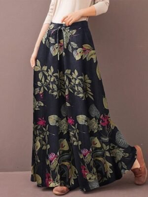 Casual Baggy Floral Mid Waist Wide Leg Full Length Trousers - Image 2