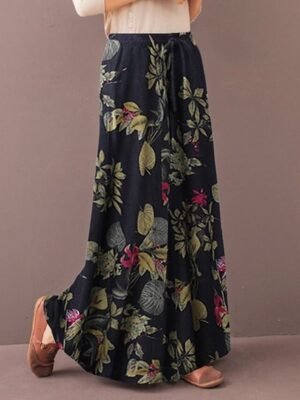 Casual Baggy Floral Mid Waist Wide Leg Full Length Trousers - Image 3