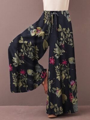 Casual Baggy Floral Mid Waist Wide Leg Full Length Trousers - Image 4