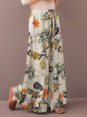 Casual Baggy Floral Mid Waist Wide Leg Full Length Trousers - Image 7