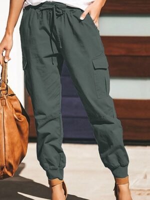 Casual Baggy Plain Mid Waist Cuffed Cargo Full Length Trousers - Image 6