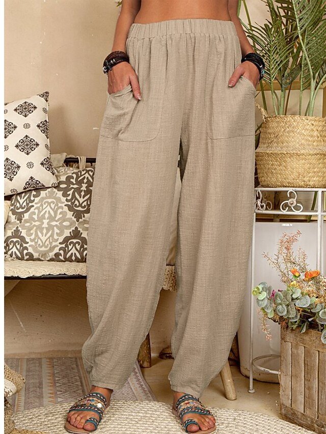 Casual Baggy Solid Elastic Waist Pocket Full Length Trousers - Image 1