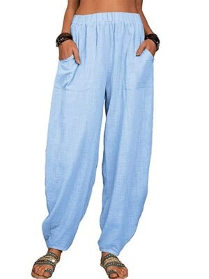 Casual Baggy Solid Elastic Waist Pocket Full Length Trousers - Image 15