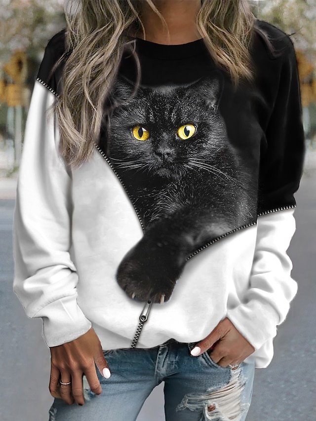 Casual Basic Cat Print Round Neck Long Sleeve Sweatshirt - Image 1