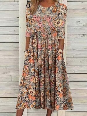 Casual Basic Floral Crew Neck Half Sleeve Midi Dress - Image 1