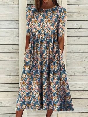 Casual Basic Floral Crew Neck Half Sleeve Midi Dress - Image 2