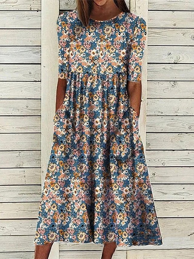 Casual Basic Floral Crew Neck Half Sleeve Midi Dress - Image 2