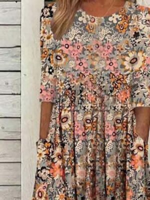 Casual Basic Floral Crew Neck Half Sleeve Midi Dress - Image 4