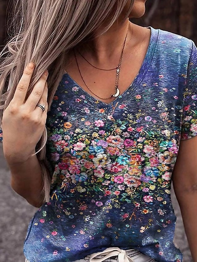 Casual Basic Floral V Neck Short Sleeve T-Shirt - Image 1