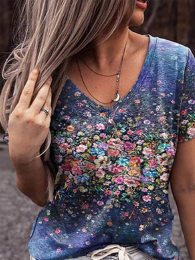 Casual Basic Floral V Neck Short Sleeve T-Shirt - Image 2