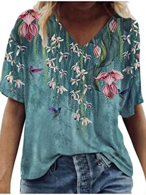 Casual Basic Floral V Neck Short Sleeve T-Shirt - Image 3