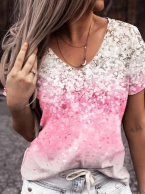 Casual Basic Floral V Neck Short Sleeve T-Shirt - Image 4