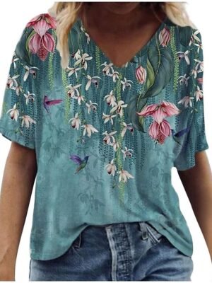 Casual Basic Floral V Neck Short Sleeve T-Shirt - Image 5