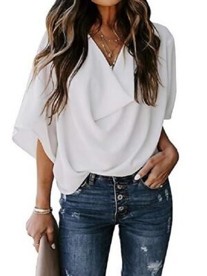 Casual Basic Plain V Neck Long Sleeve Shirt Blouse - Image 1