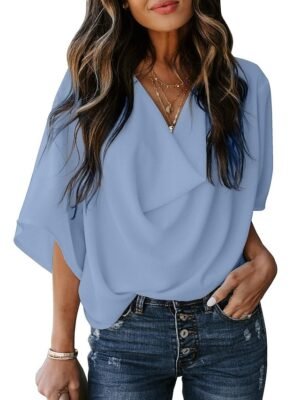 Casual Basic Plain V Neck Long Sleeve Shirt Blouse - Image 2