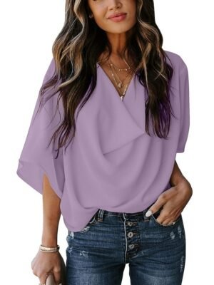 Casual Basic Plain V Neck Long Sleeve Shirt Blouse - Image 4