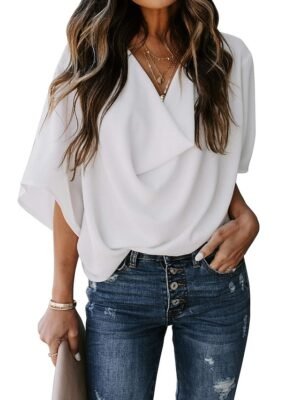 Casual Basic Plain V Neck Long Sleeve Shirt Blouse - Image 5