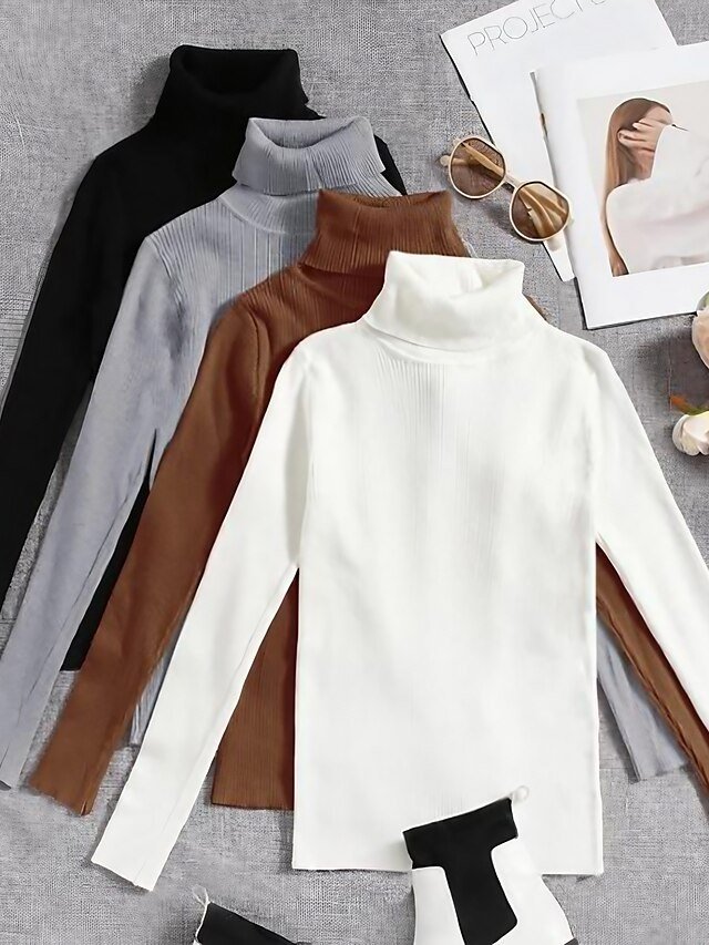 Casual Basic Solid Ribbed Turtleneck Long Sleeve Pullover - Image 2