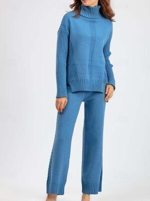 Casual Basic Solid Turtleneck Long Sleeve Sweater Co-ords - Image 1