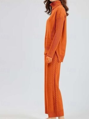 Casual Basic Solid Turtleneck Long Sleeve Sweater Co-ords - Image 6