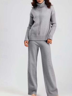 Casual Basic Solid Turtleneck Long Sleeve Sweater Co-ords - Image 7