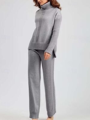 Casual Basic Solid Turtleneck Long Sleeve Sweater Co-ords - Image 8