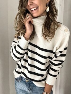 Casual Basic Striped Turtleneck Long Sleeve Knit Jumper - Image 1