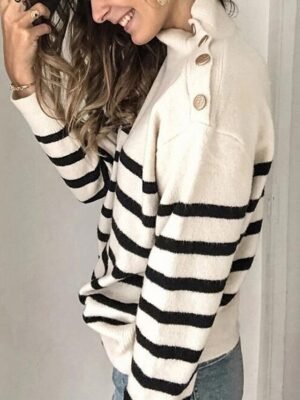 Casual Basic Striped Turtleneck Long Sleeve Knit Jumper - Image 2