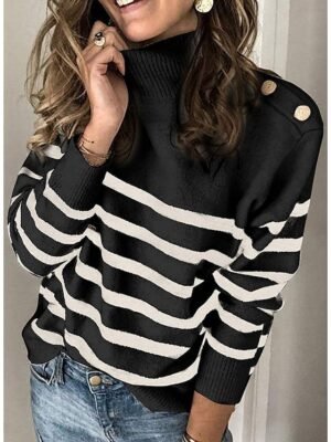 Casual Basic Striped Turtleneck Long Sleeve Knit Jumper - Image 3