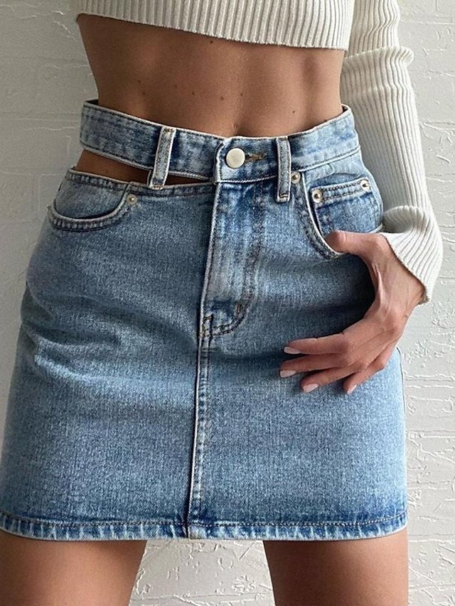 Casual Bodycon Solid High Waist Pocket Mini Denim Skirt - Image 1