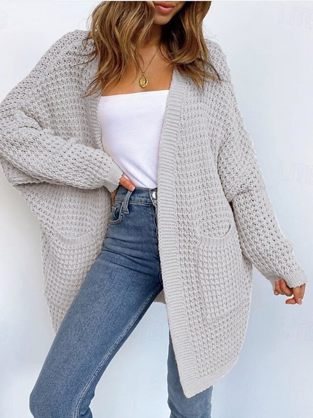 Casual Chunky Solid Open Front Textured Long Sleeve Long Cardigan - Image 1