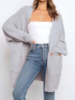 Casual Chunky Solid Open Front Textured Long Sleeve Long Cardigan - Image 2