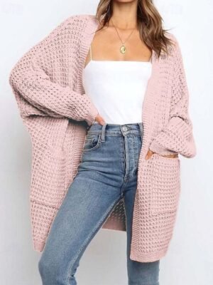 Casual Chunky Solid Open Front Textured Long Sleeve Long Cardigan - Image 4