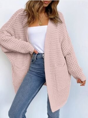 Casual Chunky Solid Open Front Textured Long Sleeve Long Cardigan - Image 5