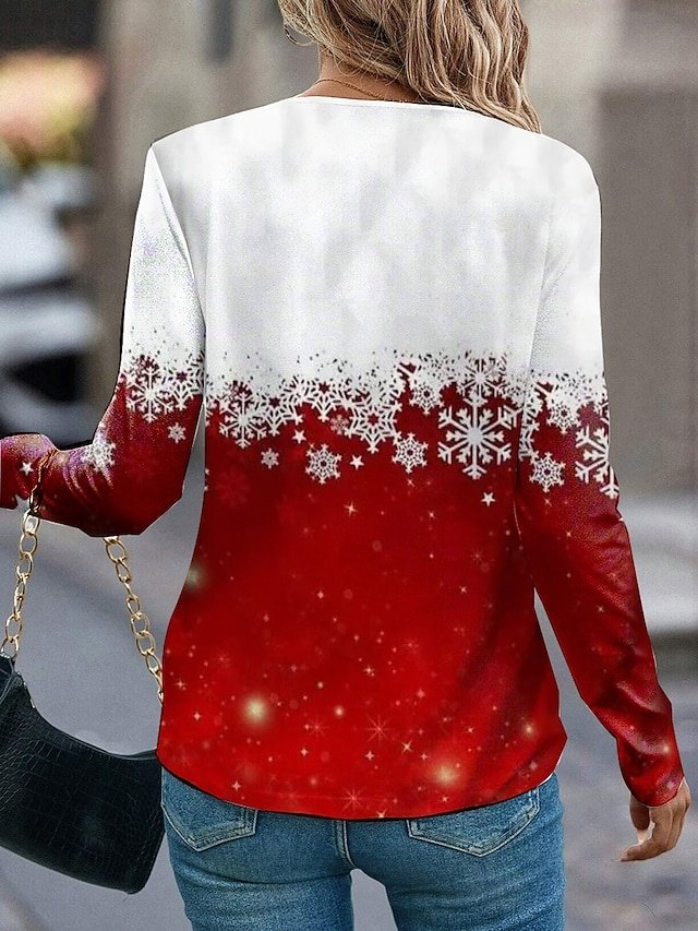 Casual Comfort Fit Ombre Snowflake Crew Neck Long Sleeve Autumn Top - Image 2