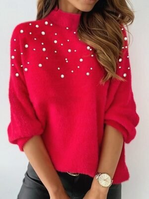 Casual Comfort Fit Plain High Neck Long Sleeve Plush Blouse - Image 1