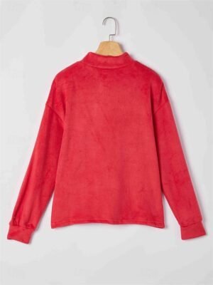 Casual Comfort Fit Plain High Neck Long Sleeve Plush Blouse - Image 3