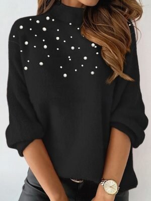 Casual Comfort Fit Plain High Neck Long Sleeve Plush Blouse - Image 8