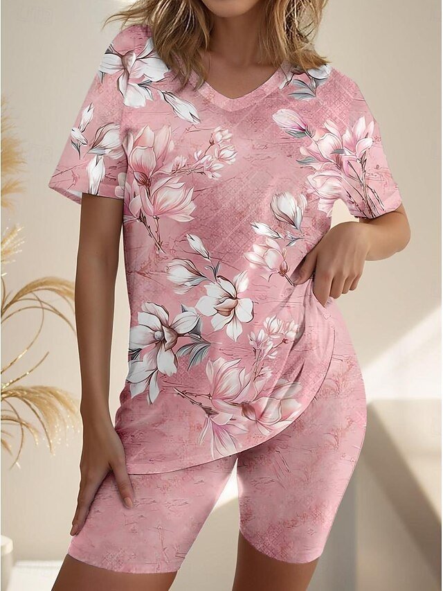 Casual Comfort Floral Print Round Neck Short Sleeve T-Shirt and Shorts Set - Image 1