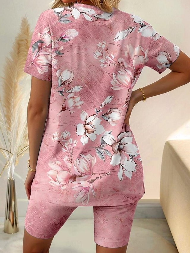 Casual Comfort Floral Print Round Neck Short Sleeve T-Shirt and Shorts Set - Image 2