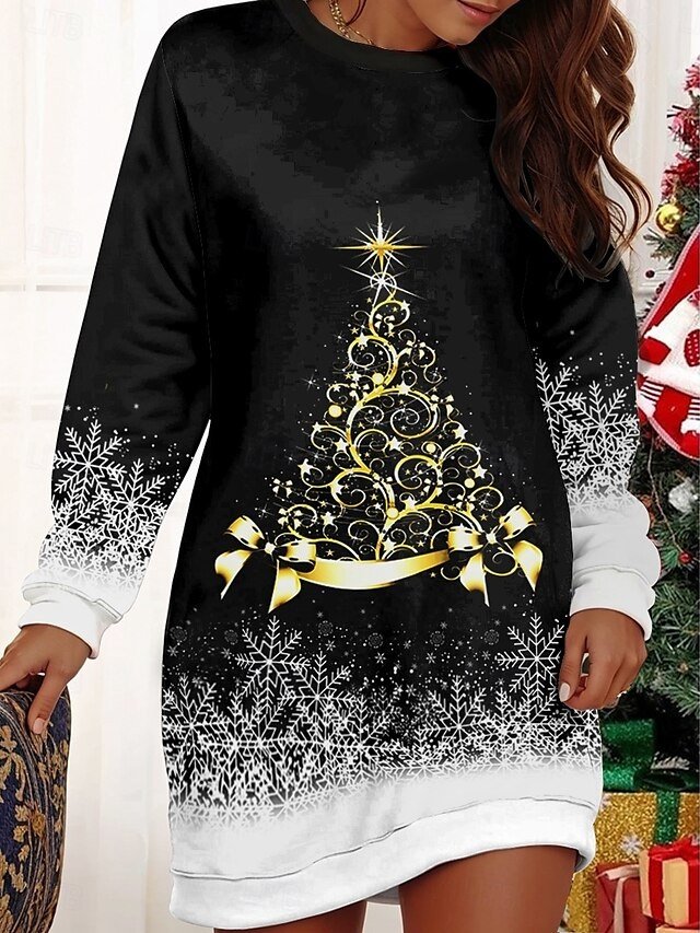 Casual Comfortable Festive Tree Snowflake Print Round Neck Long Sleeve Sweater Dress - Image 2