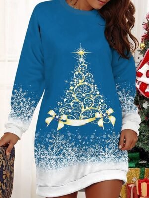 Casual Comfortable Festive Tree Snowflake Print Round Neck Long Sleeve Sweater Dress - Image 3