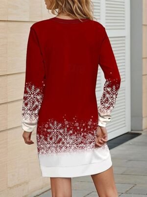 Casual Comfortable Festive Tree Snowflake Print Round Neck Long Sleeve Sweater Dress - Image 5
