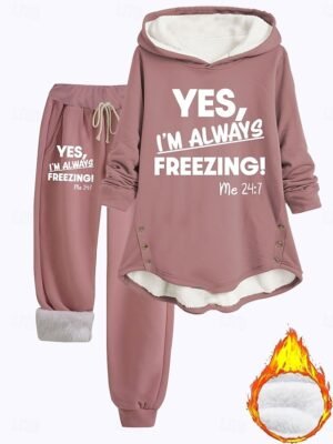 Casual Cozy Phrase Print Hooded Long Sleeve Loungewear Set - Image 1